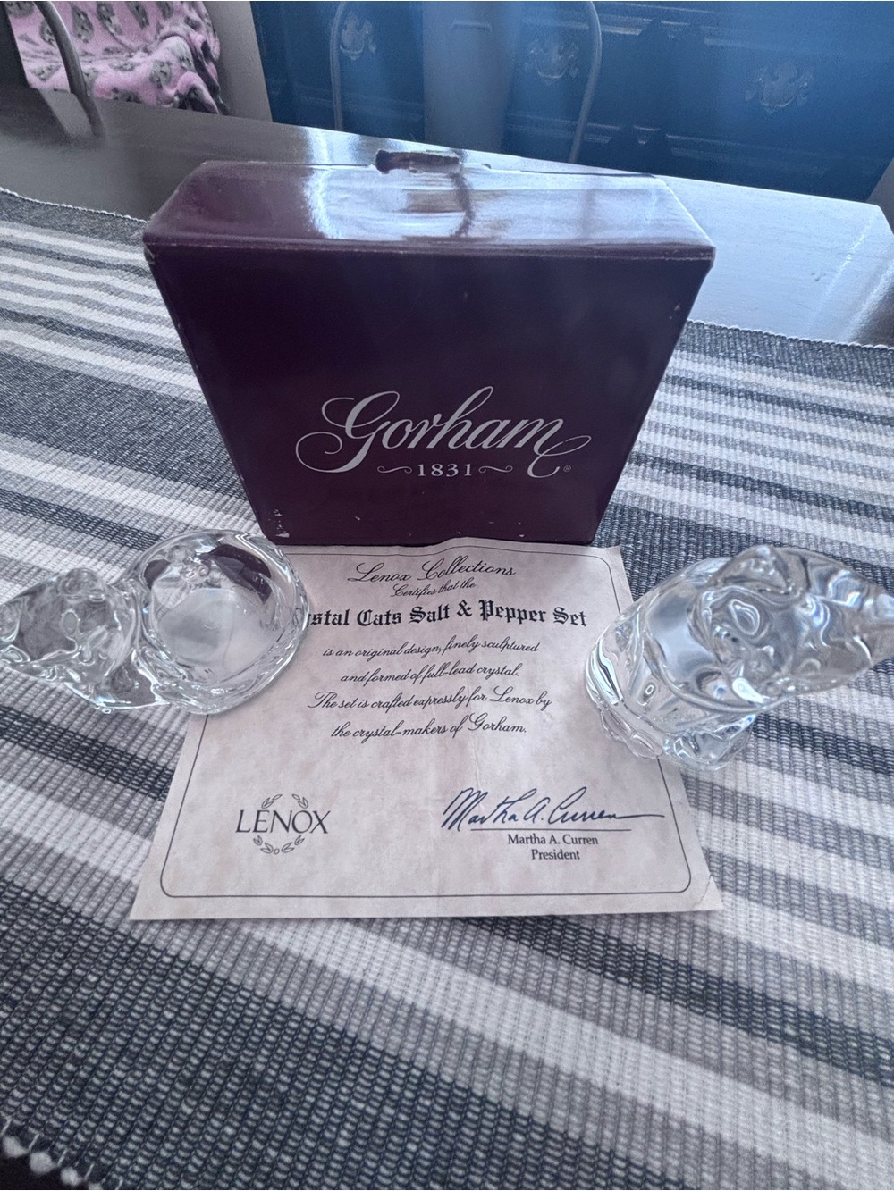 Lenox Clear Cat Crystal Salt and Pepper Set with Gorham Box and certificate.